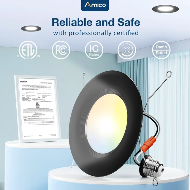 Alt view image 6 of 6 - 24 Pack 5/6 inch LED Recessed Lighting, Retrofit Can Lights, Black Baffle Trim, Dimmable, 12.5W=100W, 950LM, 5CCT-2700K/3000K/4000K/5000K/6000K Select, Easy Install, IC & Damp Rated, ETL & FCC
