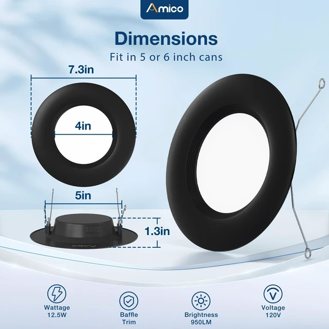 Alt view image 5 of 6 - 24 Pack 5/6 inch LED Recessed Lighting, Retrofit Can Lights, Black Baffle Trim, Dimmable, 12.5W=100W, 950LM, 5CCT-2700K/3000K/4000K/5000K/6000K Select, Easy Install, IC & Damp Rated, ETL & FCC