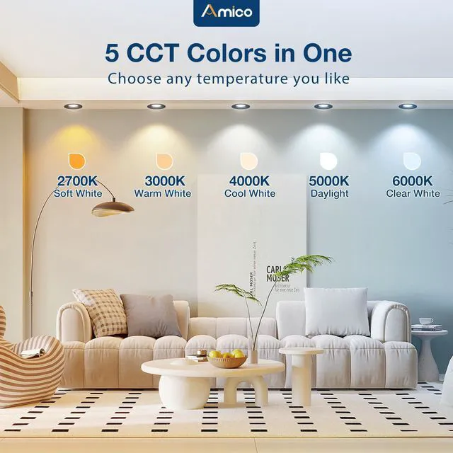Alt view image 4 of 6 - 24 Pack 4 inch 5CCT LED Recessed Lighting, Retrofit Can Lights, Black Baffle Trim, Dimmable, 8.5W=60W, 650LM, 2700K/3000K/4000K/5000K/6000K Selectable, Easy Install, IC & Damp Rated, ETL & FCC