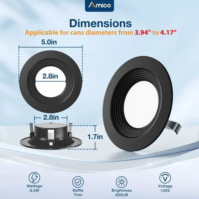 Alt view image 5 of 6 - 12 Pack 4 inch 5CCT LED Recessed Lighting, Retrofit Can Lights, Black Dimmable, 8.5W=60W, 650LM, 2700K/3000K/4000K/5000K/6000K Selectable, Baffle Trim, Easy Install, IC & Damp Rated, ETL & FCC