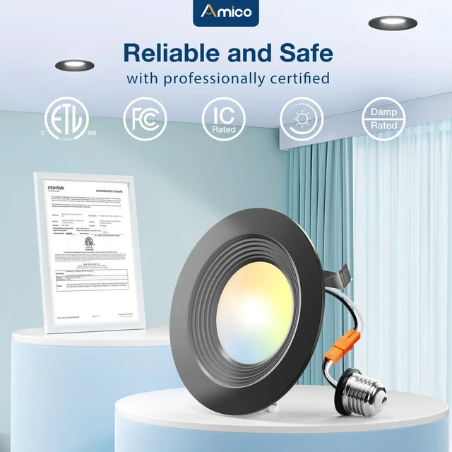 Alt view image 6 of 6 - 24 Pack 4 inch 5CCT LED Recessed Lighting, Retrofit Can Lights, Black Baffle Trim, Dimmable, 8.5W=60W, 650LM, 2700K/3000K/4000K/5000K/6000K Selectable, Easy Install, IC & Damp Rated, ETL & FCC