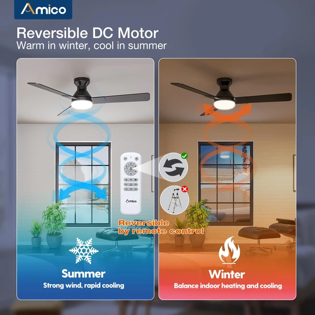 Alt view image 5 of 7 - 52 Inch Black Low Profile Ceiling Fans with Lights and Remote Flush mount, 3-color dimmable light, quiet reversible DC motor, easy install, memory, timer, bedroom, covered outdoor areas