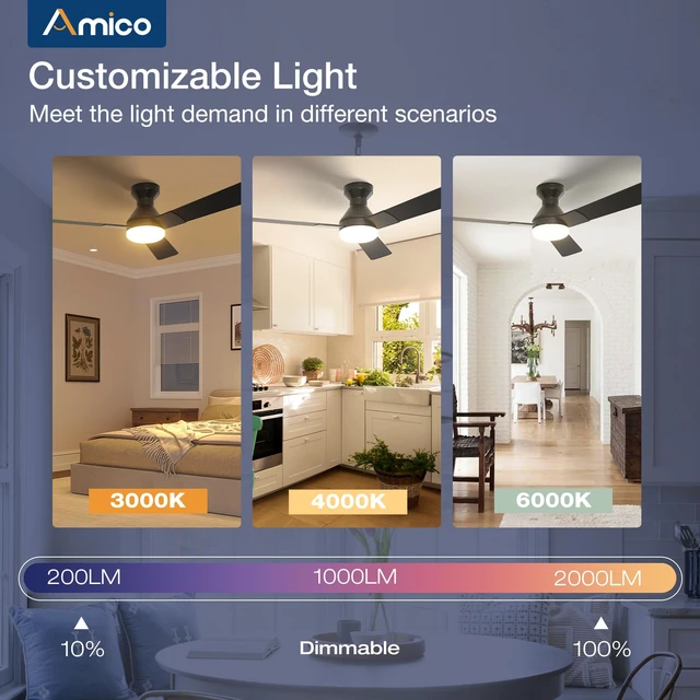 Alt view image 6 of 7 - 52 Inch Black Low Profile Ceiling Fans with Lights and Remote Flush mount, 3-color dimmable light, quiet reversible DC motor, easy install, memory, timer, bedroom, covered outdoor areas