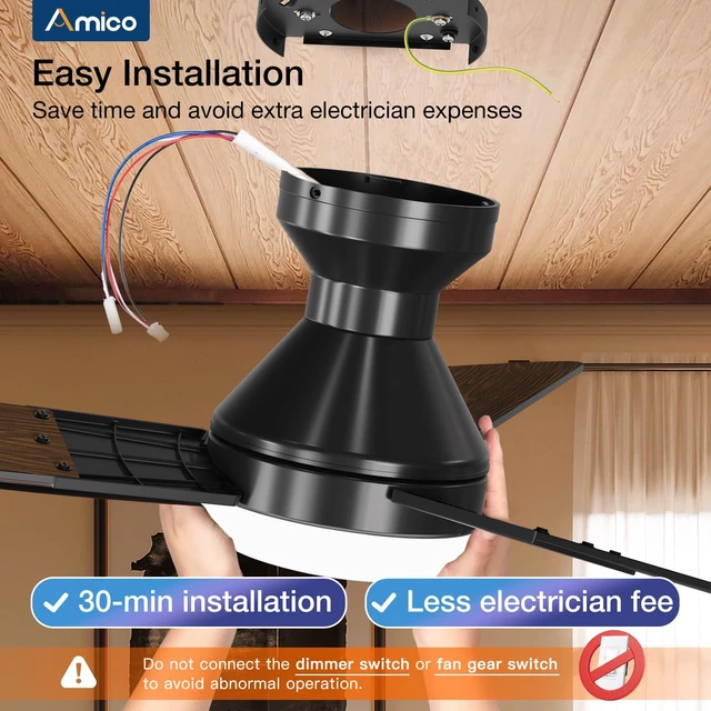 Alt view image 7 of 7 - 52 Inch Black Low Profile Ceiling Fans with Lights and Remote Flush mount, 3-color dimmable light, quiet reversible DC motor, easy install, memory, timer, bedroom, covered outdoor areas
