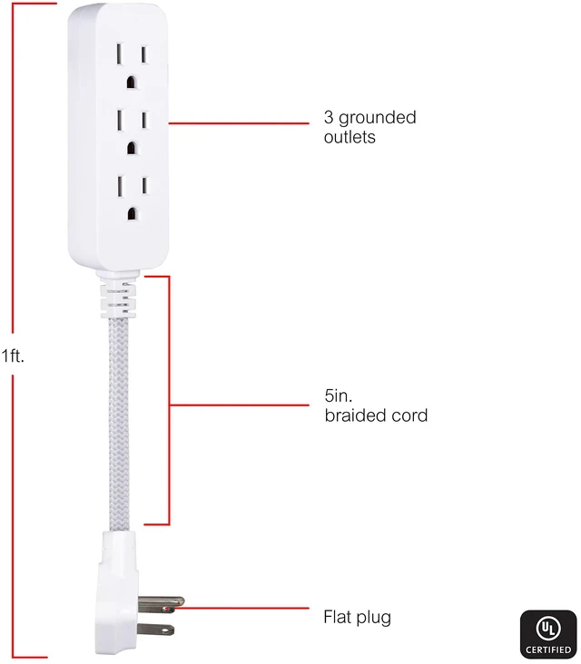Alt view image 2 of 7 - 3-Outlet Power Strip 5 Inch Braided Extension Cord with Multiple Outlets Grounded Flat Plug ETL Listed White 45190 (Pack of 12)