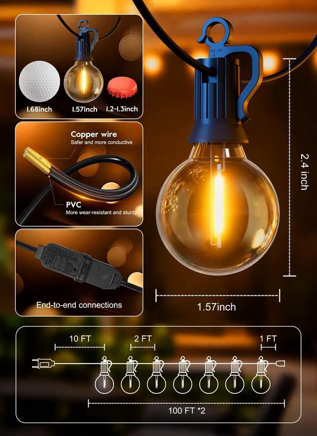 Alt view image 2 of 7 - Outdoor String Lights, 200FT 100+2 G40 Bulbs Shatterproof Patio Lights IP65 Waterproof Dimmable Hanging Connectable Globe LED Outdoor Lights for Backyard, Bistro, Porch, Deck, Balcony
