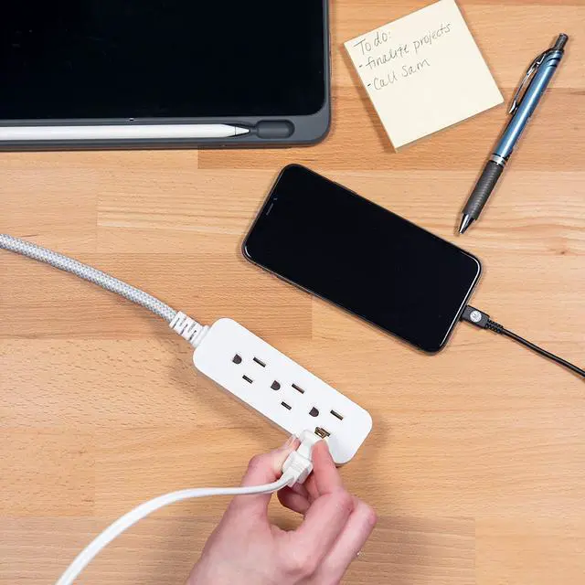 Alt view image 7 of 7 - 3-Outlet Power Strip 5 Inch Braided Extension Cord with Multiple Outlets Grounded Flat Plug ETL Listed White 45190 (Pack of 12)