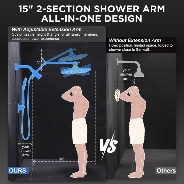 Alt view image 6 of 7 - Starlight 11.8" High Pressure Shower Head with Handheld, Easy Install Handheld Shower with Multi Spray Modes, Rainfall Combo with 15" Metal Extension Arm, Detachable Dual Shower, Bathroom Decor