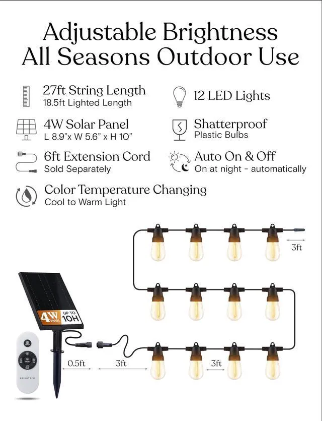 Alt view image 3 of 7 - Ambience Pro 27-Ft Solar String Lights for Outside - Super Bright Remote Control Color Adjustable Outdoor String Light - Commercial Grade String, Waterproof LED for Patios, Camping, 12 Bulbs