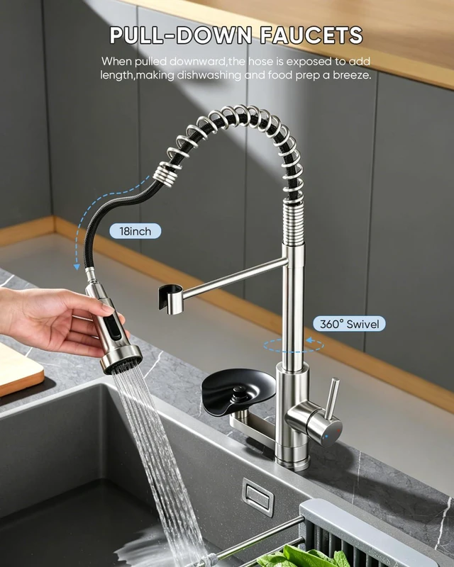 Alt view image 2 of 7 - Pull Down Kitchen Faucet with Cup Washer Brushed Nickel Kitchen Sink Faucet with Deck Plate,Glass Rinser,Single Handle,Single Hole,Lead-Free Stainless Steel