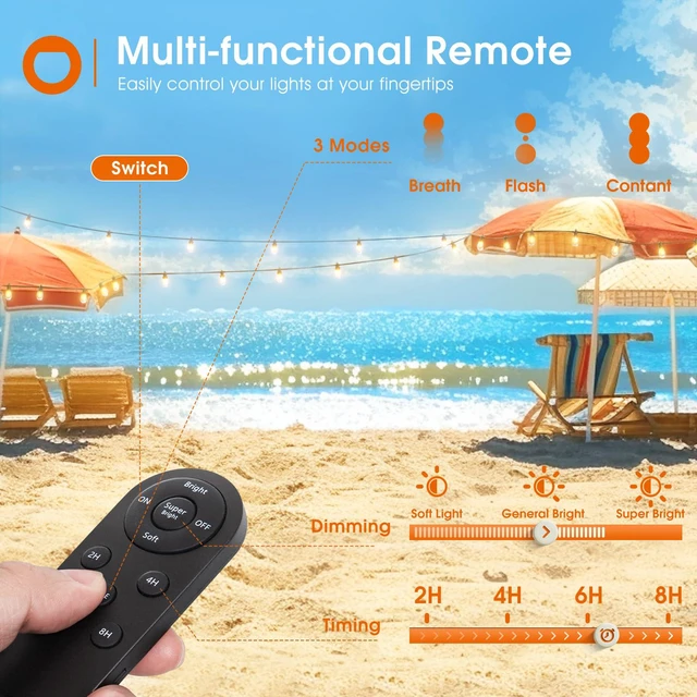 Alt view image 5 of 7 - 200FT(192+8) Solar String Lights Outdoor, Last 20+ Hrs, USB Charging IP65 Waterproof. Dimmable Timer via Remote. Memory, 3 Modes, 2700K Warm White. Easy Install for Patio, Porch. 4-Pack*50FT