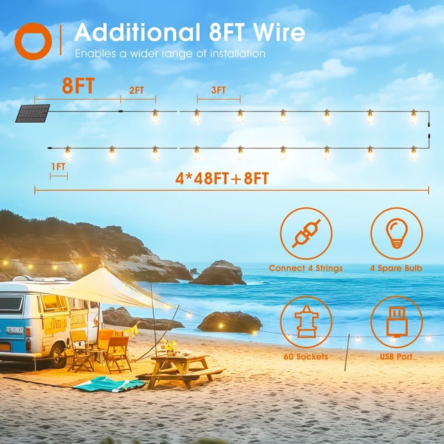 Alt view image 6 of 7 - 200FT(192+8) Solar String Lights Outdoor, Last 20+ Hrs, USB Charging IP65 Waterproof. Dimmable Timer via Remote. Memory, 3 Modes, 2700K Warm White. Easy Install for Patio, Porch. 4-Pack*50FT