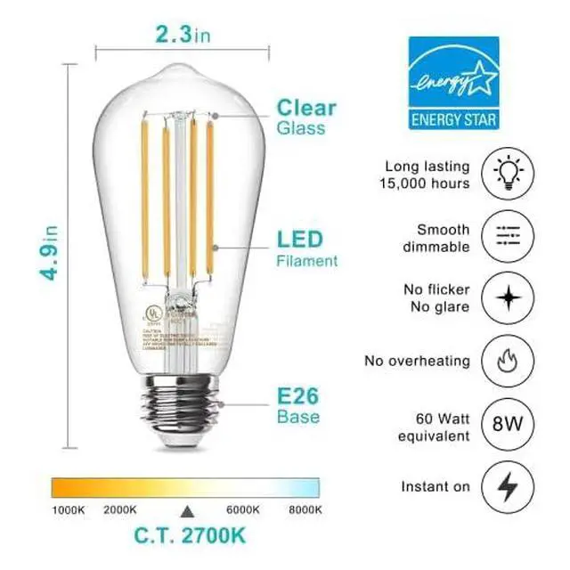 Alt view image 2 of 7 - 36 Pack Edison LED Light Bulbs, E26 Base, 8W 2700K, Dimmable Vintage ST58 Filament Design, 60W Equivalent, 800 Lumens, CRI 80+, Antique Glass Style for Home, Bedroom & Farmhouse