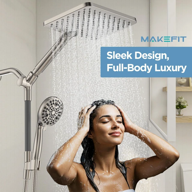 Alt view image 2 of 7 - Dual Handheld Shower Head Combo, 2-in-1 Rain Shower Heads System Wide Rainfall Shower Head and 10 Modes High Pressure Hand Held Showerhead with Built-in Power Wash - Brushed Nickel