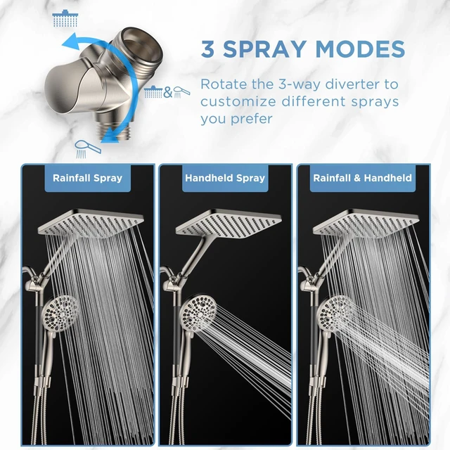 Alt view image 5 of 7 - Dual Handheld Shower Head Combo, 2-in-1 Rain Shower Heads System Wide Rainfall Shower Head and 10 Modes High Pressure Hand Held Showerhead with Built-in Power Wash - Brushed Nickel