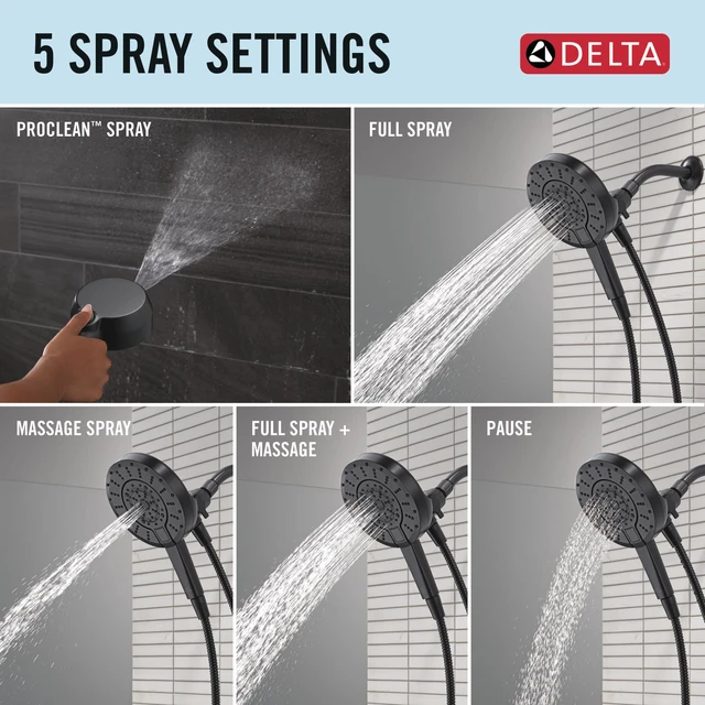 Alt view image 4 of 7 - 5-Setting In2ition 2-in-1 Dual Shower Head with Handheld High Pressure ProClean Spray, Matte Black Detachable Shower Head with Hose, 1.75 GPM Flow Rate, Matte Black 75548BL
