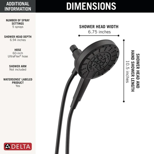 Alt view image 6 of 7 - 5-Setting In2ition 2-in-1 Dual Shower Head with Handheld High Pressure ProClean Spray, Matte Black Detachable Shower Head with Hose, 1.75 GPM Flow Rate, Matte Black 75548BL