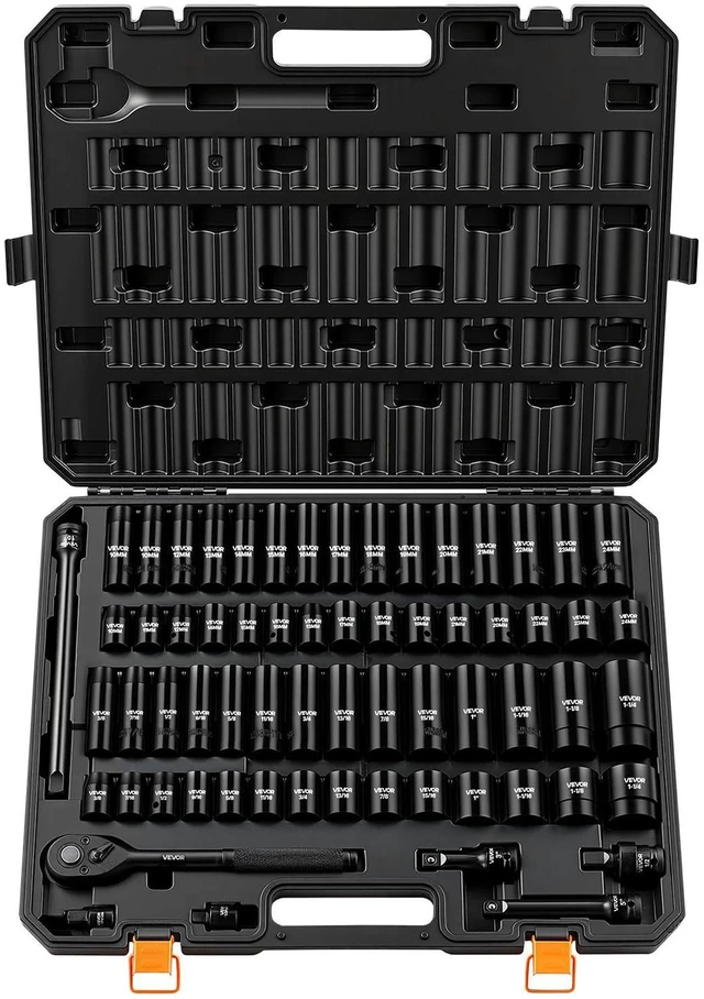 Main image of 65-Piece 1/2" Drive Impact Socket Set, SAE (3/8" to 1-1/4") & Metric (10 to 24 mm), CR-V, Deep & Shallow, 6 Point, Ratchet Handle, Universal Joint, Adapters, Extension Bars (3, 5, 10 in)