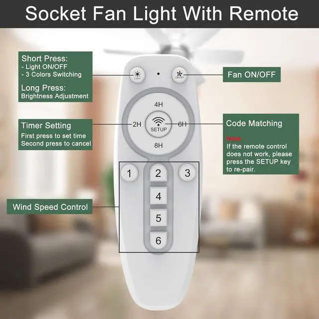 Alt view image 6 of 7 - 2-Pack Socket Fan Light with Remote, Ceiling Fan with Lights Dimmable, 3 Colors 3000K-6500K,Timer 2/4/6/8H, 6 Speeds Quiet Screw in E26/E27 LED Light Bulb for Bedroom Living Room Kitchen Garage Office