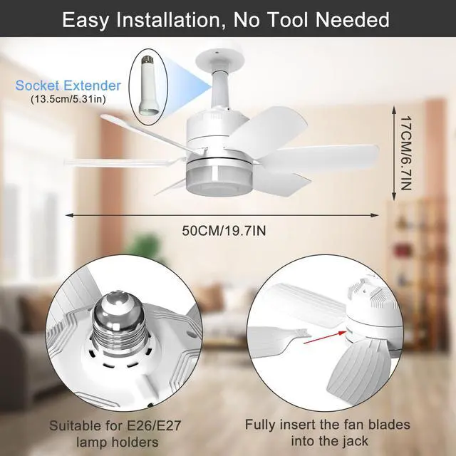 Alt view image 5 of 7 - 2-Pack Socket Fan Light with Remote, Ceiling Fan with Lights Dimmable, 3 Colors 3000K-6500K,Timer 2/4/6/8H, 6 Speeds Quiet Screw in E26/E27 LED Light Bulb for Bedroom Living Room Kitchen Garage Office