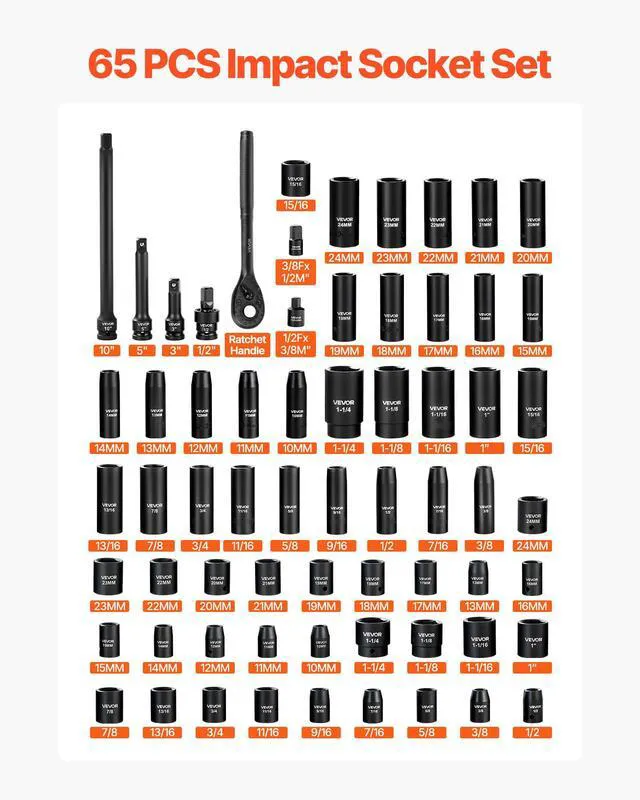 Alt view image 3 of 7 - 65-Piece 1/2" Drive Impact Socket Set, SAE (3/8" to 1-1/4") & Metric (10 to 24 mm), CR-V, Deep & Shallow, 6 Point, Ratchet Handle, Universal Joint, Adapters, Extension Bars (3, 5, 10 in)