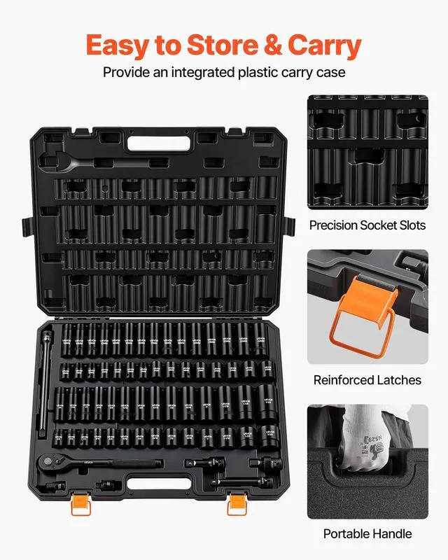 Alt view image 6 of 7 - 65-Piece 1/2" Drive Impact Socket Set, SAE (3/8" to 1-1/4") & Metric (10 to 24 mm), CR-V, Deep & Shallow, 6 Point, Ratchet Handle, Universal Joint, Adapters, Extension Bars (3, 5, 10 in)