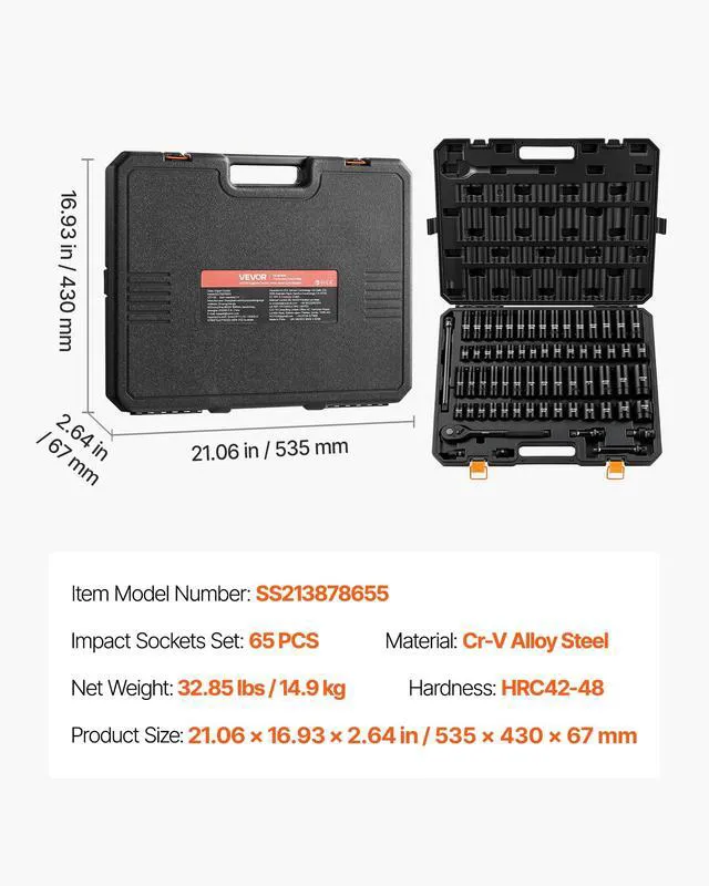 Alt view image 7 of 7 - 65-Piece 1/2" Drive Impact Socket Set, SAE (3/8" to 1-1/4") & Metric (10 to 24 mm), CR-V, Deep & Shallow, 6 Point, Ratchet Handle, Universal Joint, Adapters, Extension Bars (3, 5, 10 in)