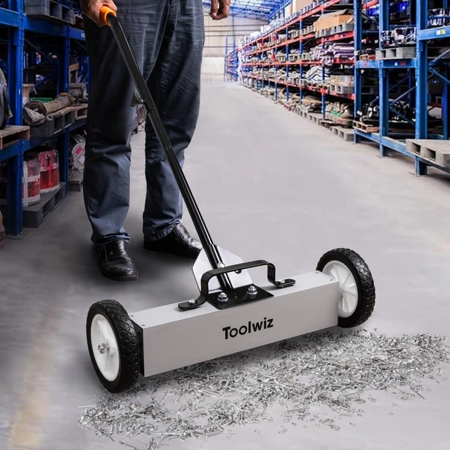 Alt view image 2 of 7 - 18 Inches Magnetic Sweeper with Wheels 26 Lbs Quick Release RRolling Magnetic Sweeper, Magnetic Pickup Tool, Telescoping Tool Holder, Extension Handle, Heavy Duty Metal Pick Up
