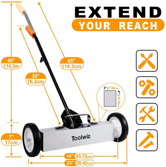 Alt view image 3 of 7 - 18 Inches Magnetic Sweeper with Wheels 26 Lbs Quick Release RRolling Magnetic Sweeper, Magnetic Pickup Tool, Telescoping Tool Holder, Extension Handle, Heavy Duty Metal Pick Up