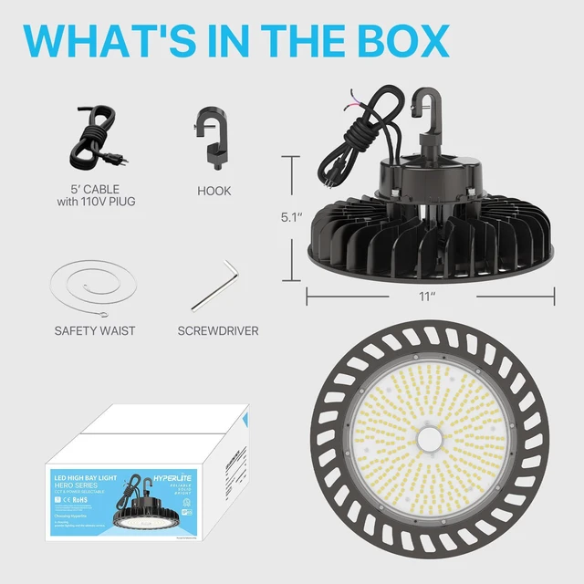 Alt view image 7 of 7 - UFO Led High Bay Light 150W 21,750lm 5000K 1-10V Dimmable High Bay Led Lights UL Listed US Hook 5' Cable Led High Bay Lights Alternative to 650W MH/HPS for Gym Factory Warehouse