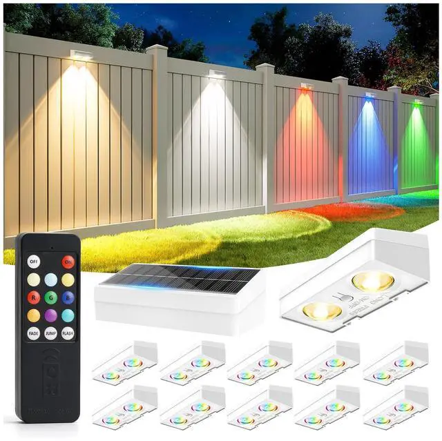 Main image of Fence Lights Solar Powered with Remote, 9 Fixed Colors Color Changing White Fence Lights Waterproof IP65 Dusk-to-Dawn LED Deck Lighting for Patio, Railing, Pool, Porch, Backyard, 12 Pack
