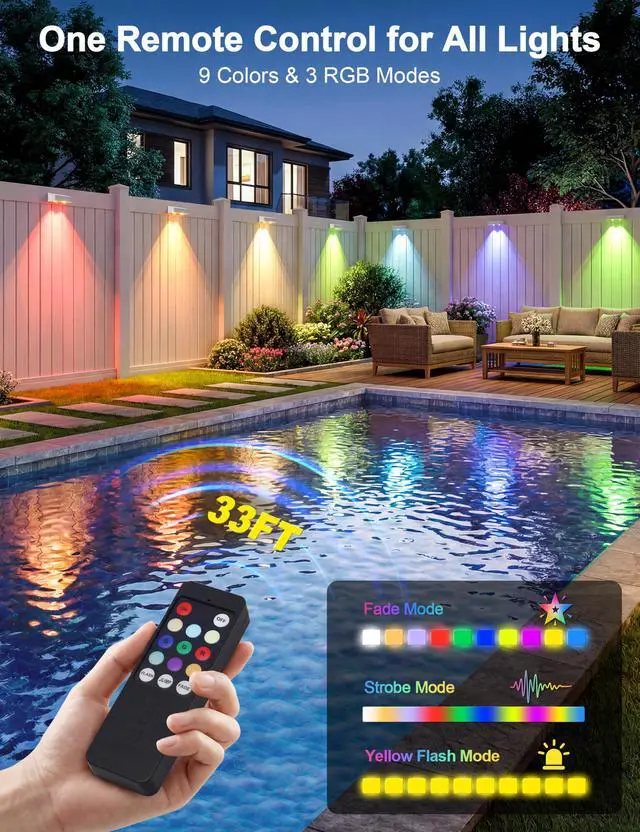 Alt view image 2 of 7 - Fence Lights Solar Powered with Remote, 9 Fixed Colors Color Changing White Fence Lights Waterproof IP65 Dusk-to-Dawn LED Deck Lighting for Patio, Railing, Pool, Porch, Backyard, 12 Pack