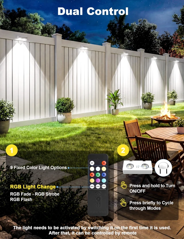 Alt view image 3 of 7 - Fence Lights Solar Powered with Remote, 9 Fixed Colors Color Changing White Fence Lights Waterproof IP65 Dusk-to-Dawn LED Deck Lighting for Patio, Railing, Pool, Porch, Backyard, 12 Pack