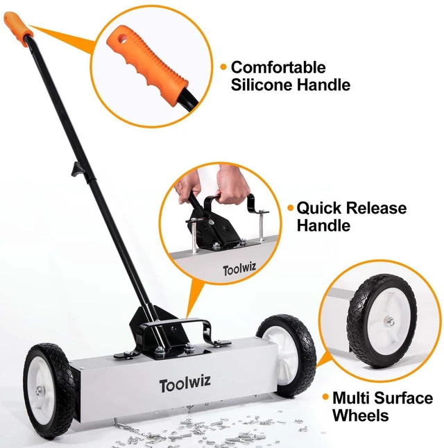 Alt view image 5 of 7 - 18 Inches Magnetic Sweeper with Wheels 26 Lbs Quick Release RRolling Magnetic Sweeper, Magnetic Pickup Tool, Telescoping Tool Holder, Extension Handle, Heavy Duty Metal Pick Up