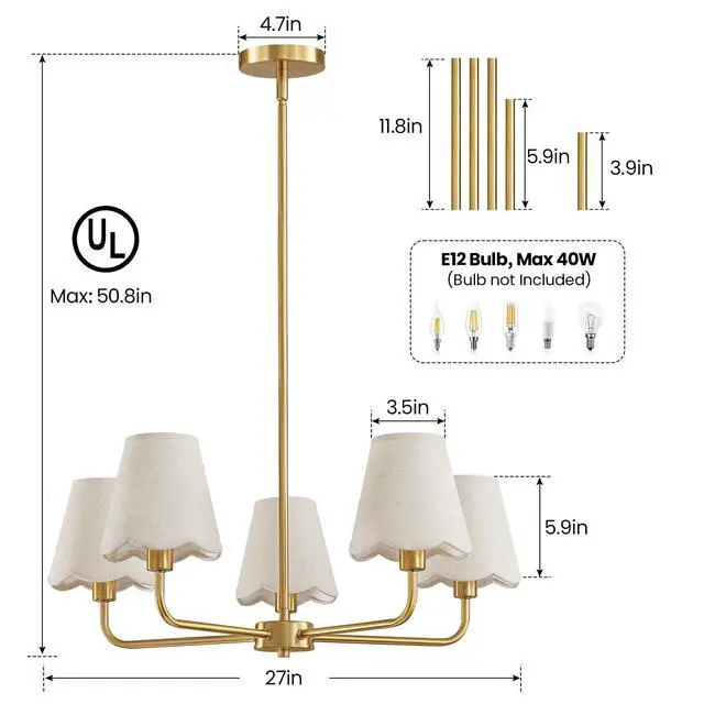 Alt view image 6 of 7 - Modern Gold Chandelier 5-Light Farmhouse Chandelier for Dining Room Industrial Dining Kitchen Light Fixture Over Table Ceiling Chandelier for Bedroom Living Room Foyer Entryway