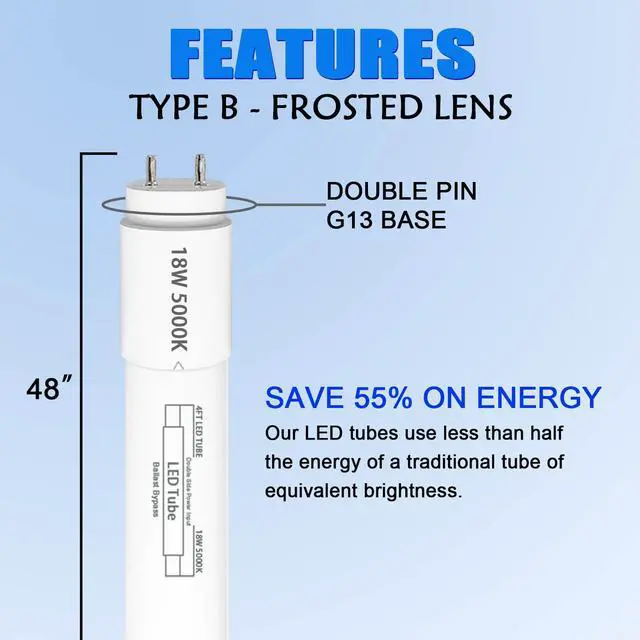 Alt view image 4 of 6 - 25 Pack, T8 Led Bulbs 4 Foot 18W, Type B Ballast Bypass, 48 inch Led Bulbs Replacement for F32T8, F20T10, F40T12 Fluorescent Tubes Light Bulb, Dual Ended Power Input, 5000K 2300lm