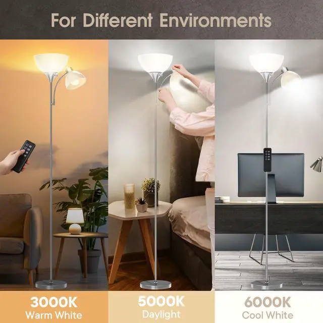 Alt view image 2 of 6 - Torchiere Floor Lamp with Remote Control and Adjustable Reading Light 2 LED Bulbs Included, 2100LM Brightness, Stepless Dimming & 3000K-6000K Adjustable CCT for Living Room, Bedroom, Office