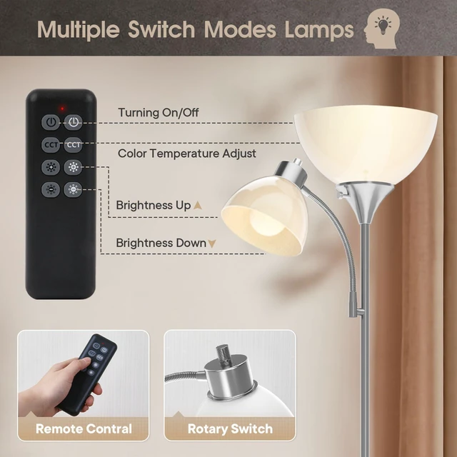 Alt view image 3 of 6 - Torchiere Floor Lamp with Remote Control and Adjustable Reading Light 2 LED Bulbs Included, 2100LM Brightness, Stepless Dimming & 3000K-6000K Adjustable CCT for Living Room, Bedroom, Office