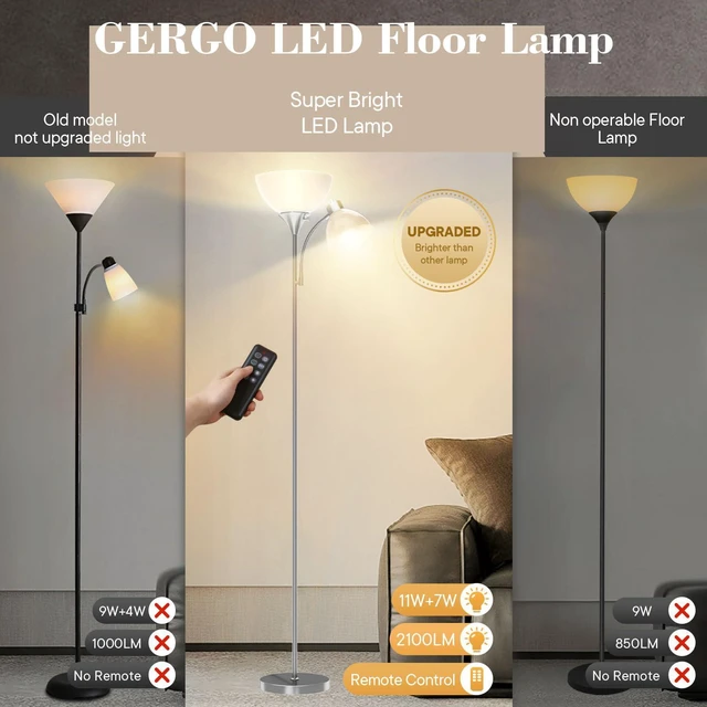 Alt view image 4 of 6 - Torchiere Floor Lamp with Remote Control and Adjustable Reading Light 2 LED Bulbs Included, 2100LM Brightness, Stepless Dimming & 3000K-6000K Adjustable CCT for Living Room, Bedroom, Office
