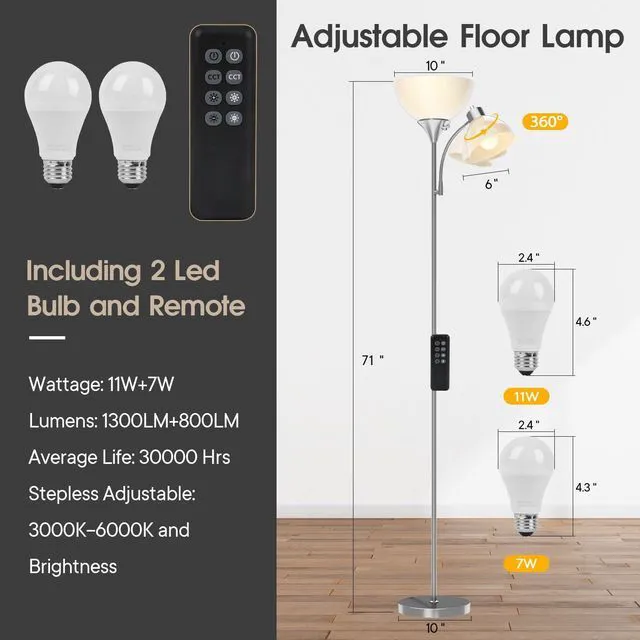 Alt view image 6 of 6 - Torchiere Floor Lamp with Remote Control and Adjustable Reading Light 2 LED Bulbs Included, 2100LM Brightness, Stepless Dimming & 3000K-6000K Adjustable CCT for Living Room, Bedroom, Office