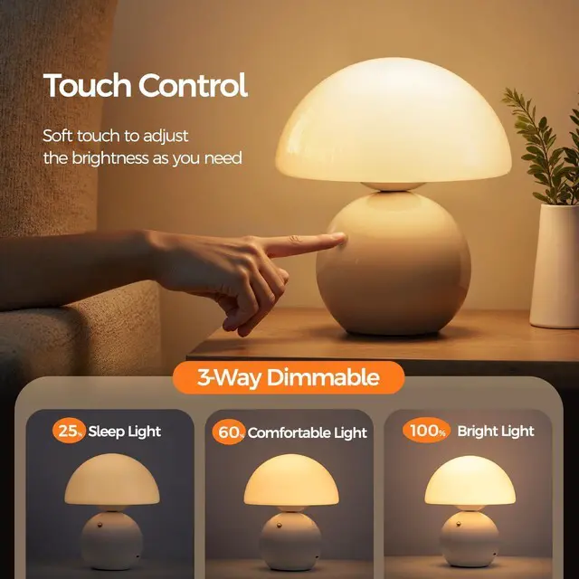 Alt view image 3 of 7 - Wireless Mushroom Lamp Set of 2,Table Lamp for Bedroom, Portables Cordless Lamps,Wireless Light,Bedside Table Lamp for Living Room,Mini Mushroom 5200mAh Battery Operated Lamps Modern (White)