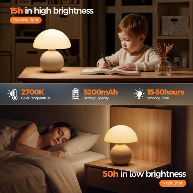 Alt view image 5 of 7 - Wireless Mushroom Lamp Set of 2,Table Lamp for Bedroom, Portables Cordless Lamps,Wireless Light,Bedside Table Lamp for Living Room,Mini Mushroom 5200mAh Battery Operated Lamps Modern (White)