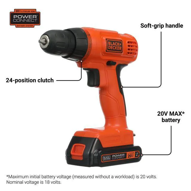 Alt view image 2 of 7 - 20V MAX* POWERCONNECT Cordless Drill Driver Kit with Drill Bit Set and Sockets, 100 pc. Tool Kit for Home, Battery and Charger Included, Orange (BDC120VA100)