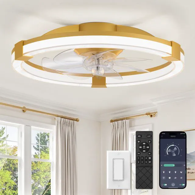 Main image of Ceiling Fan with Light 20" Low Profile Fandelier with Remote Gold 6 Speeds, Reversible, Dimmable Flush Mount Fan Light, Modern Ceiling Fan with Lights for Bedroom Bladeless