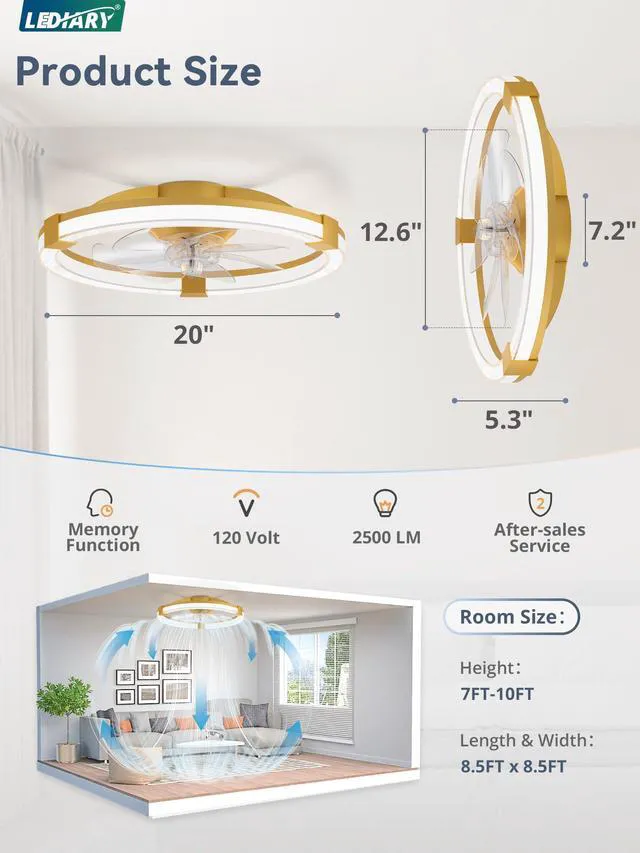 Alt view image 2 of 7 - Ceiling Fan with Light 20" Low Profile Fandelier with Remote Gold 6 Speeds, Reversible, Dimmable Flush Mount Fan Light, Modern Ceiling Fan with Lights for Bedroom Bladeless