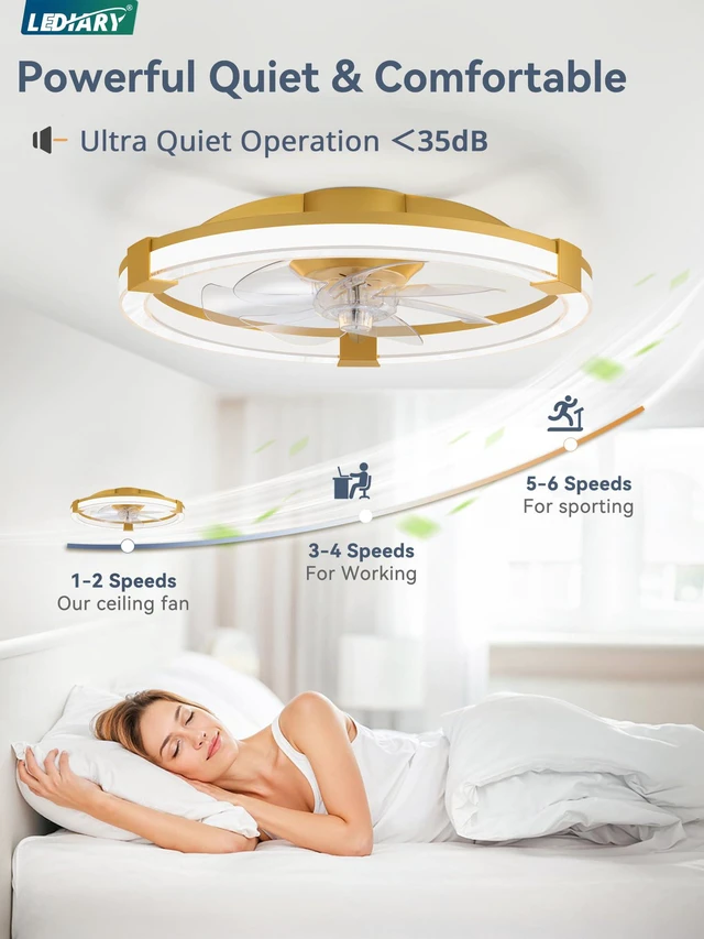 Alt view image 4 of 7 - Ceiling Fan with Light 20" Low Profile Fandelier with Remote Gold 6 Speeds, Reversible, Dimmable Flush Mount Fan Light, Modern Ceiling Fan with Lights for Bedroom Bladeless