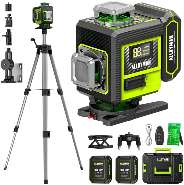 Main image of Laser Level with Tripod, 4 × 360° Self Leveling Laser Level, Nivel Laser Green Line Lazer Leveler Tool for Picture Hanging, Home Renovation, Indoor Project, 2*Battery&Carrying Bag Included