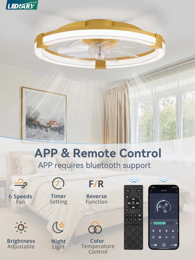 Alt view image 6 of 7 - Ceiling Fan with Light 20" Low Profile Fandelier with Remote Gold 6 Speeds, Reversible, Dimmable Flush Mount Fan Light, Modern Ceiling Fan with Lights for Bedroom Bladeless