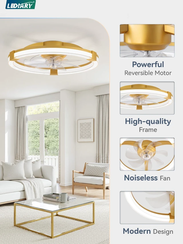 Alt view image 7 of 7 - Ceiling Fan with Light 20" Low Profile Fandelier with Remote Gold 6 Speeds, Reversible, Dimmable Flush Mount Fan Light, Modern Ceiling Fan with Lights for Bedroom Bladeless
