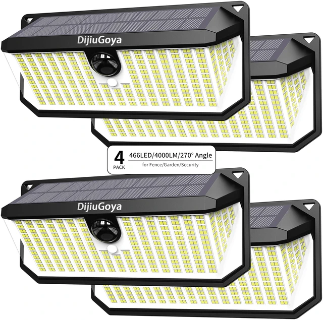 Main image of 466 LEDs Solar Lights Outdoor with Motion Sensor, 4-Pack 4000LM, Waterproof, 270° Wide-Angle Lighting, 3 Adjustable Modes, Easy Installation for Security, Patio, Fence, Deck, Garage